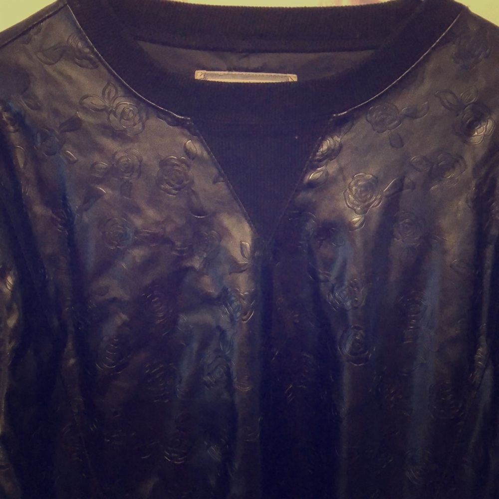 Black Rose Print Faux Leather Sleeve Sweatshirt